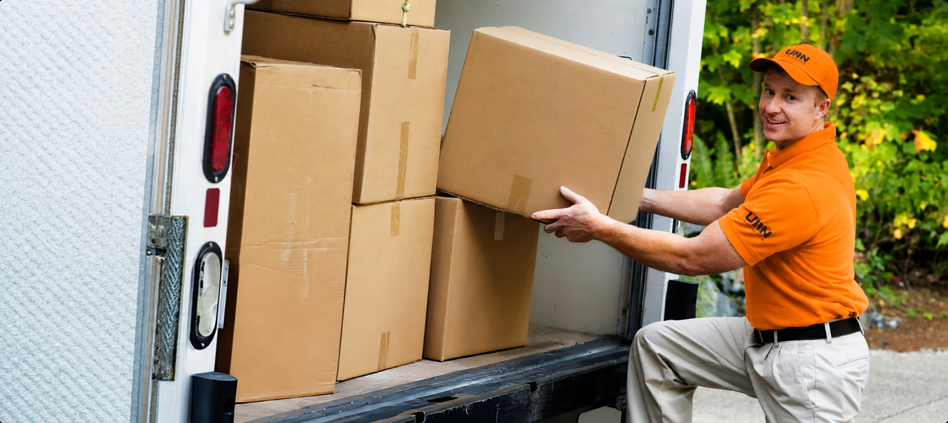A UNN Movers crew member loading boxes into the van